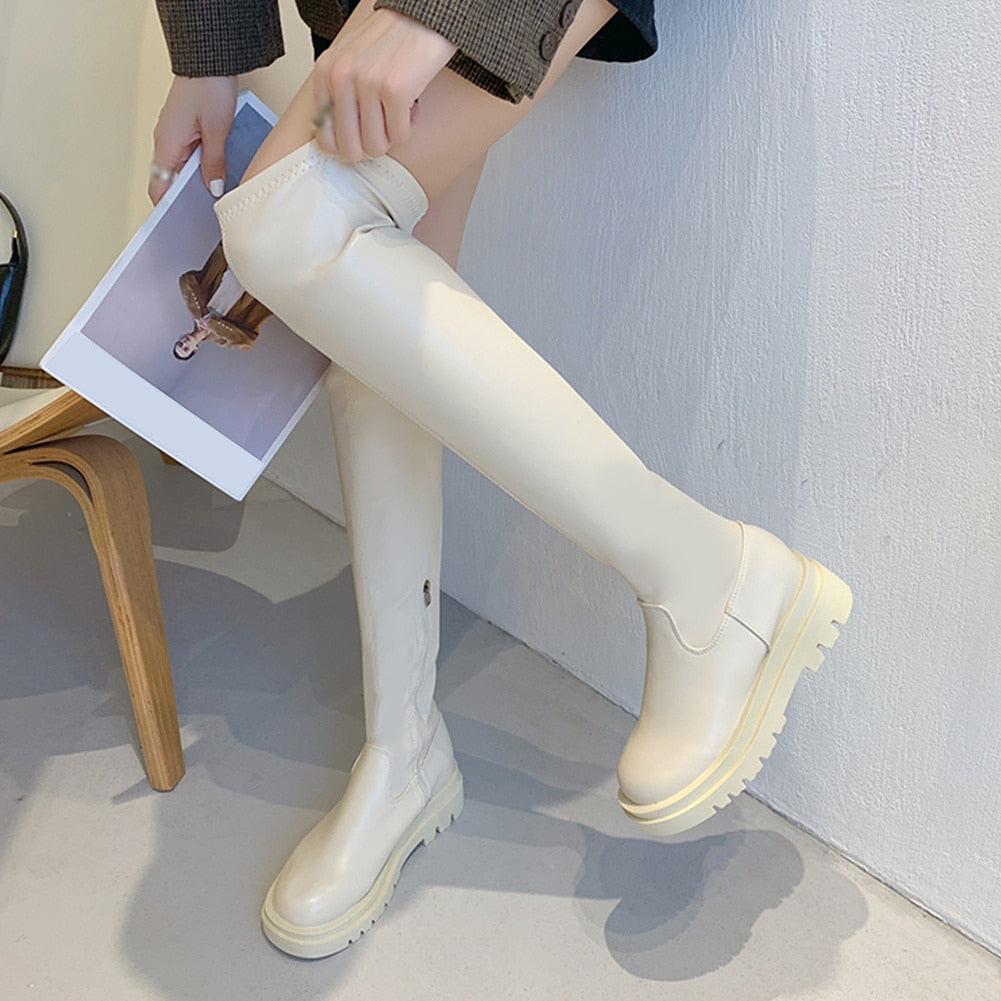 Women Platform Thigh High Slim Chunky Boots