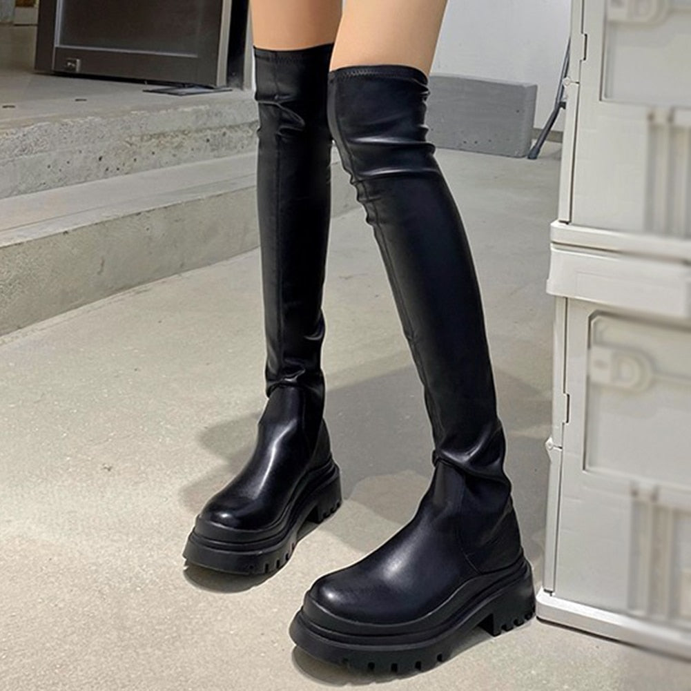 Women Platform Thigh High Slim Chunky Boots