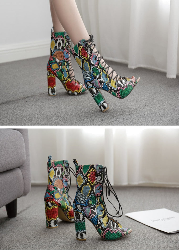 Mixed Color Snake Print Women Ankle Boots