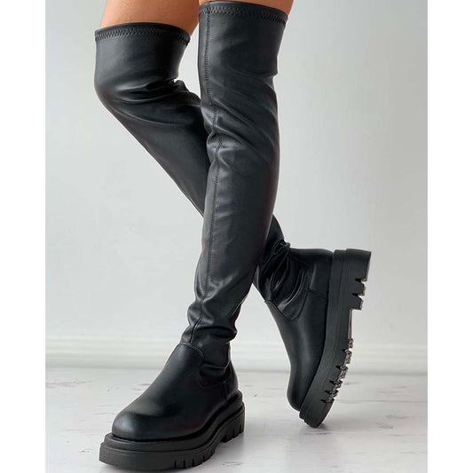 Women Platform Thigh High Slim Chunky Boots