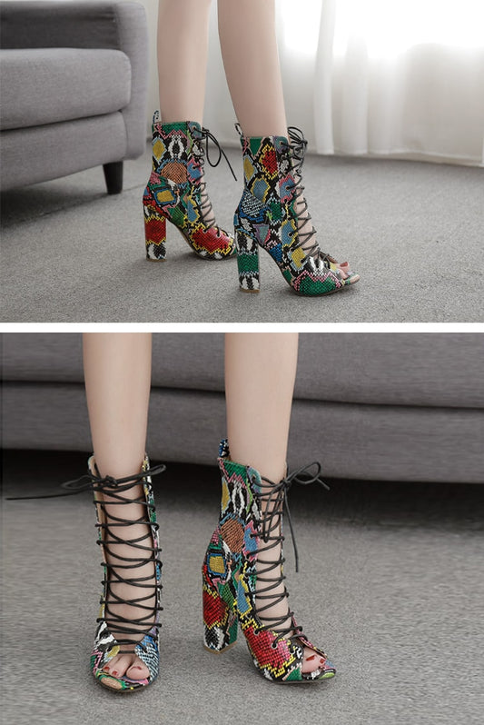Mixed Color Snake Print Women Ankle Boots