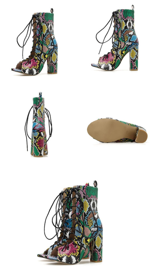 Mixed Color Snake Print Women Ankle Boots